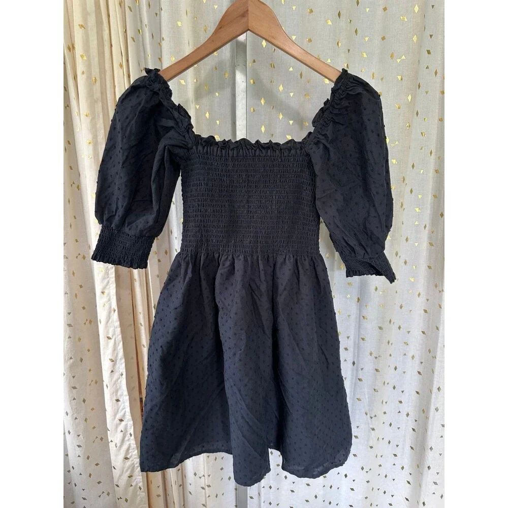 Kourt Calypso Poplin Smocked Bodice Cuff Puff Sleeve Fit Flare Mini Sun Dress S
